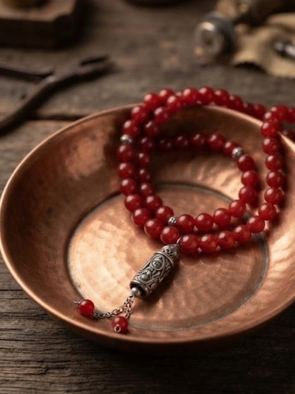 Red Beaded rosary with Ornate Silver-Tone Pendant